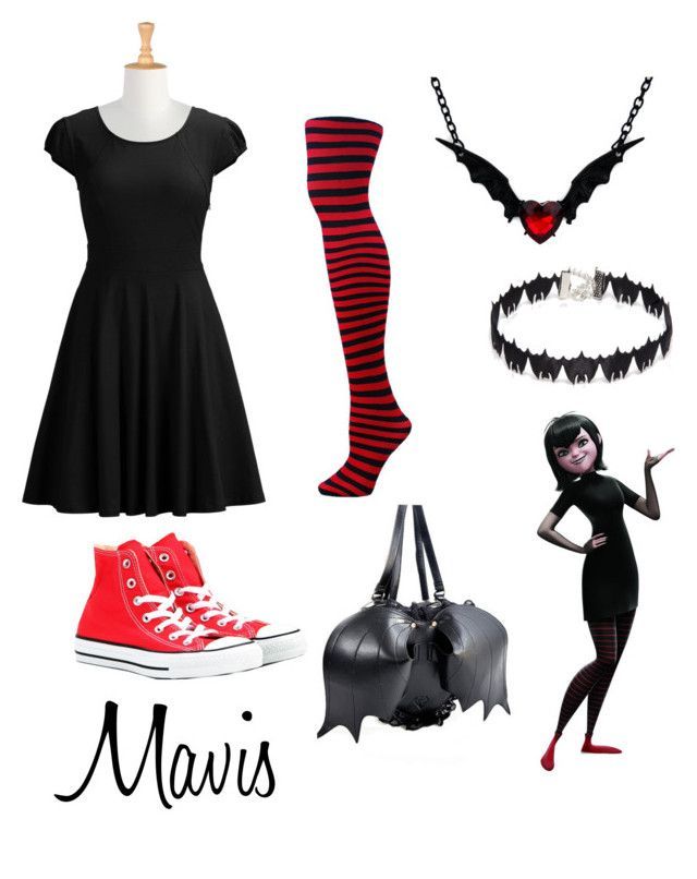 a woman in black dress and red shoes next to a batgirl costume, with the word mavis written on it