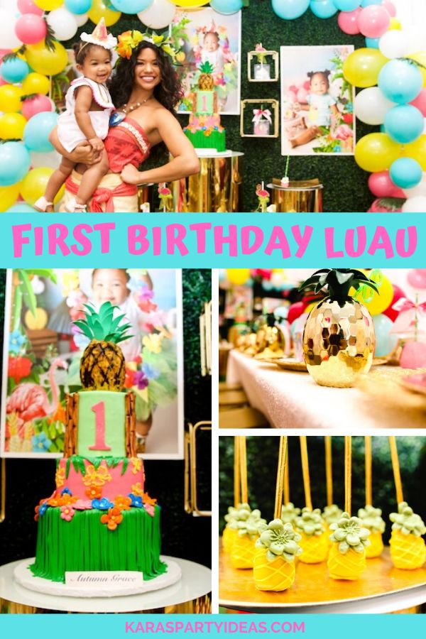 a collage of photos with pineapples, balloons and first birthday cake on it