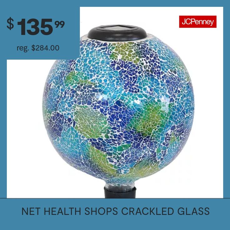 Add a beautiful, decorative, lighted accent to any lawn or garden with this gazing globe that features led lights powered by a solar panel on the top of the ball. Featuring a crackled glass texture, this gazing globe is sure to be a focal point in a landscape, reflecting the sun in beautify arrays of color during the day. It also has attractive soothing shades of blue and green that complement each other perfectly. The gazing globe is also designed with a stemmed bottom with a rubber cap, makin… Gazing Globe, Shades Of Blue And Green, Gazing Ball, Garden Inspo, Health Shop, Crackle Glass, Lawn Decor, Glass Texture, Art Blue