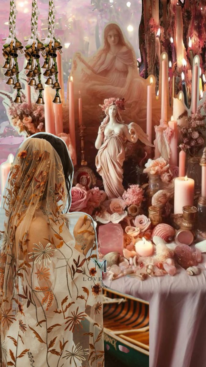 a woman standing in front of a table with candles and flowers on it, surrounded by angels