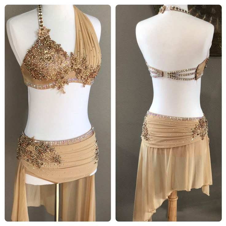 two different views of a woman's belly dance outfit with gold sequins