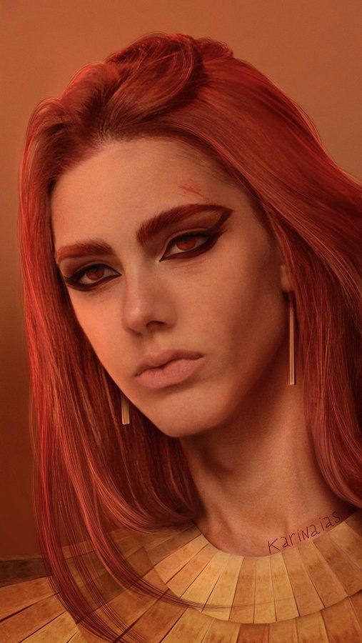 a digital painting of a woman with long red hair and piercings on her ears