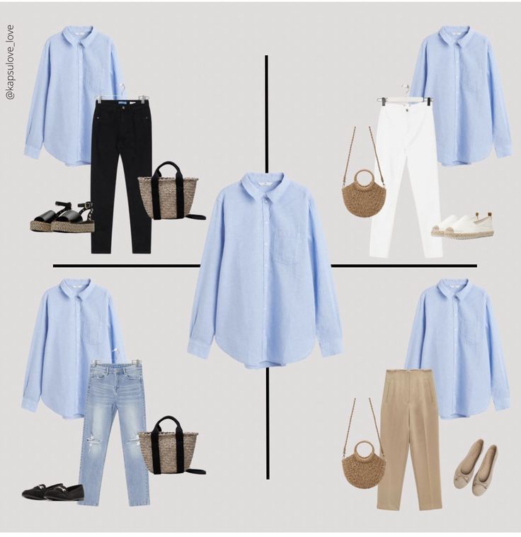 Light Blue Shirt Outfit, Shirt Ootd, Capsule Wardrobe Women, Mode Tips, Classic Style Outfits, Fashion Capsule Wardrobe, Camisa Social, Everyday Fashion Outfits, Light Blue Shirts