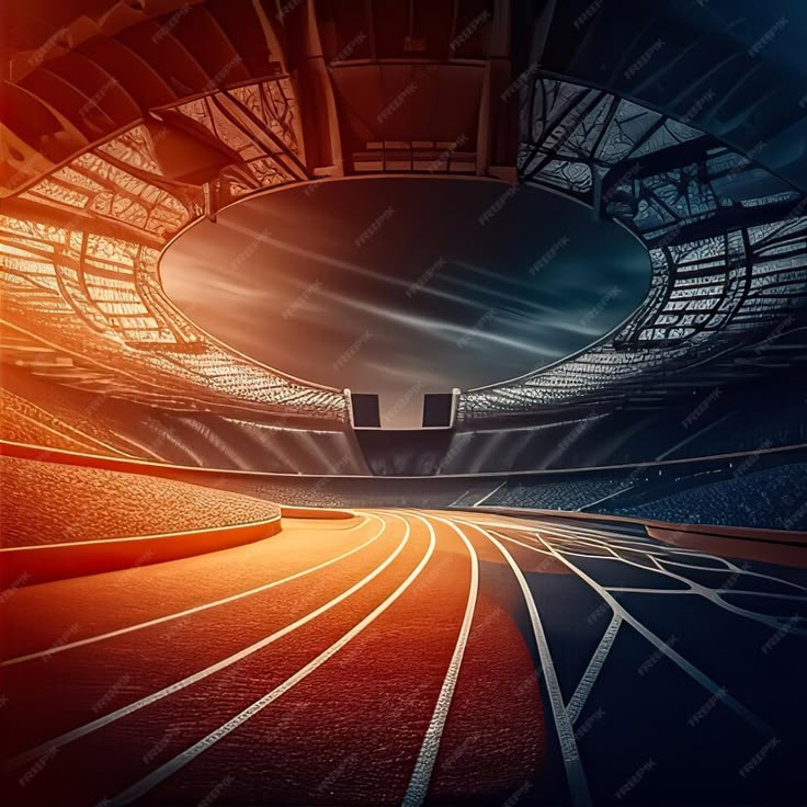 an empty stadium with the lights on and running tracks in front of it at night