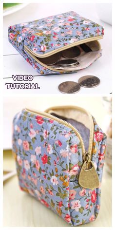 the zippered pouch is made from fabric and has flowers on it, as well as coins