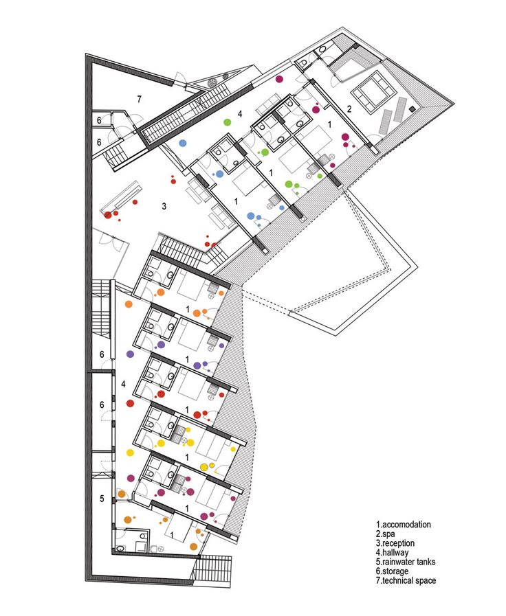 the floor plan for an apartment building with multiple floors and different colored dots on it