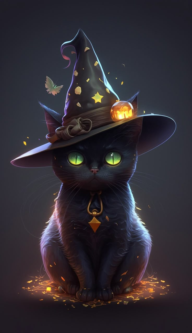 a black cat wearing a witches hat