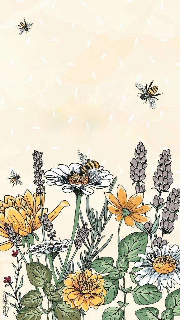 flowers and bees are in the foreground with a beige background that has been drawn by hand