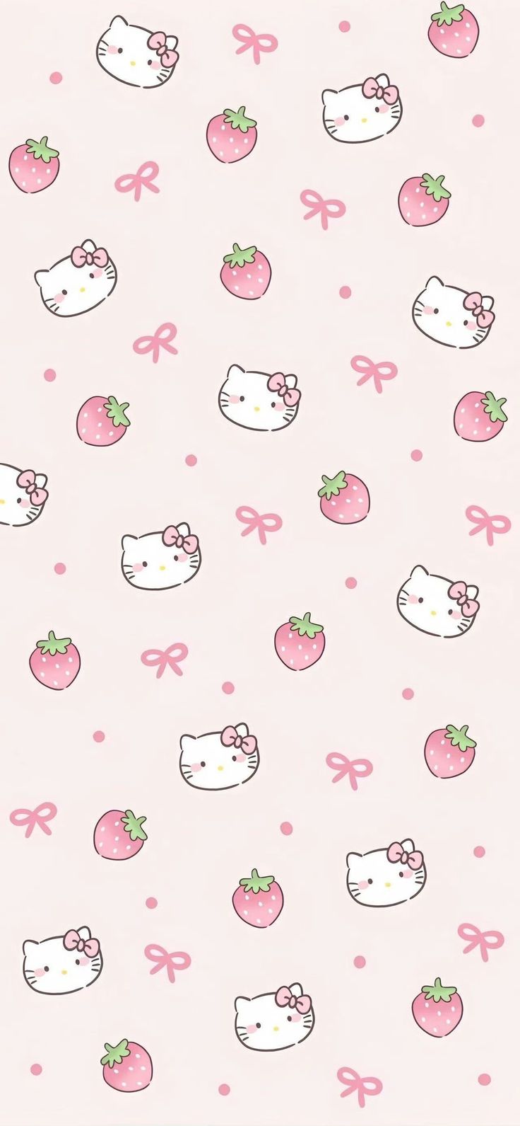 hello kitty wallpaper with pink bows and strawberries on the bottom right hand corner