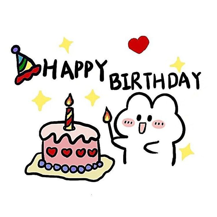 a birthday card with a cartoon character holding a lit candle and a heart shaped cake