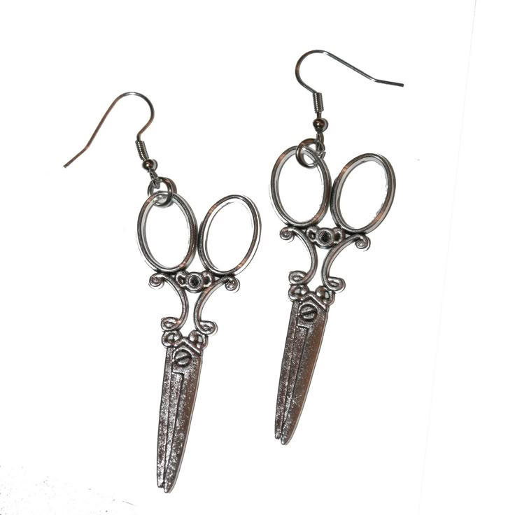 "Antiqued Scissor Earrings These measure 3\" long including hooks. Hooks are lead and nickel free." Scissors Earrings, Scissor Earrings, Jewelry Layout, Autumn Town, Silly Earrings, Weird Earrings, Dark Green Blue, Candied Orange, Ears Pierced