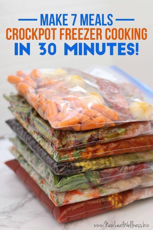 a stack of freezer cooking bags with the text make 7 meals crockpot freezer cooking in 30 minutes