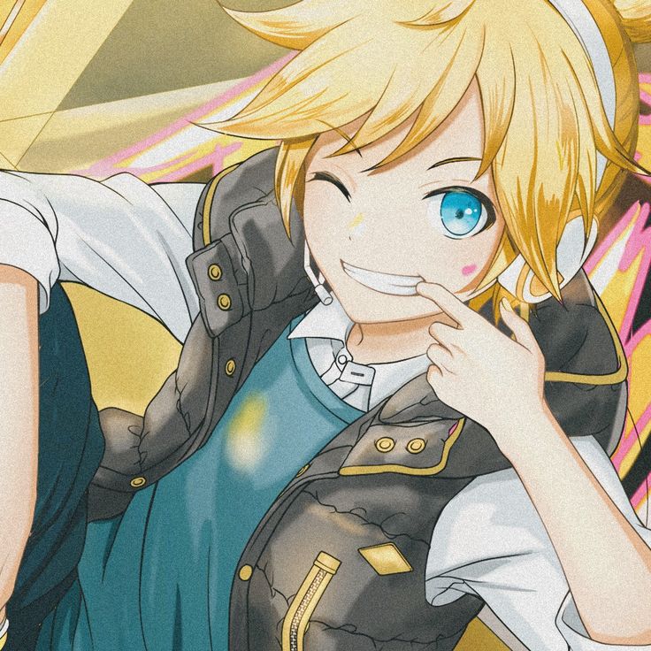 an anime character with blonde hair and blue eyes posing for the camera in front of a colorful background