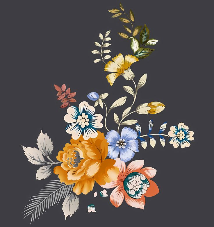 a bouquet of flowers on a dark background with leaves and stems in the center is an orange, blue, yellow and white flower arrangement