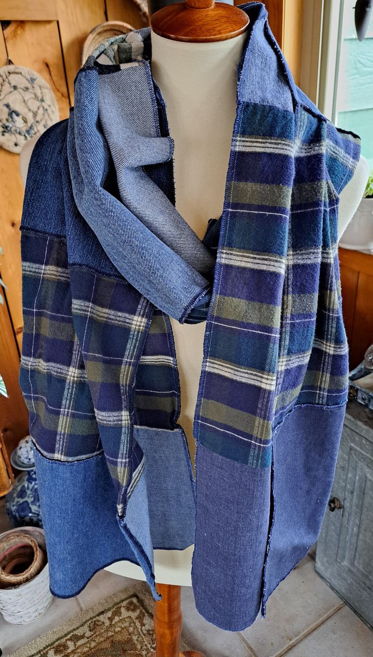 "Denim and flannel patchwork scarf. This oversized scarf is pieced from recycled denim and flannel. All seams and edges are finished with a serger. It is 105\" long to give you many different options for styling. This would make a great gift for that special someone in your life, but you might want to keep it for yourself. 105\" long 18\" wide machine wash and dry" Neon Scarf, Denim Patchwork Jacket, Fall Sweater Dress, Patchwork Scarf, Sweater Mittens, Boho Jeans, Altered Couture, Tunic Hoodie, Upcycle Sweater