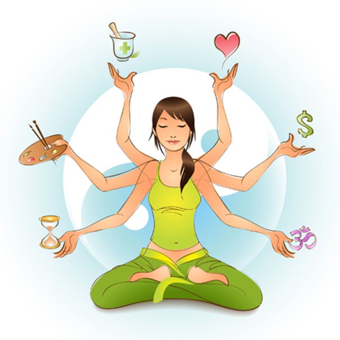 a woman sitting in the middle of a yoga pose with her hands up and various symbols around her