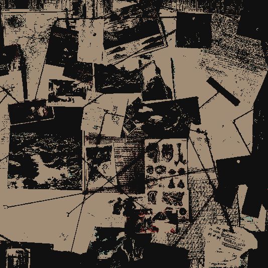 an abstract painting with black and white images