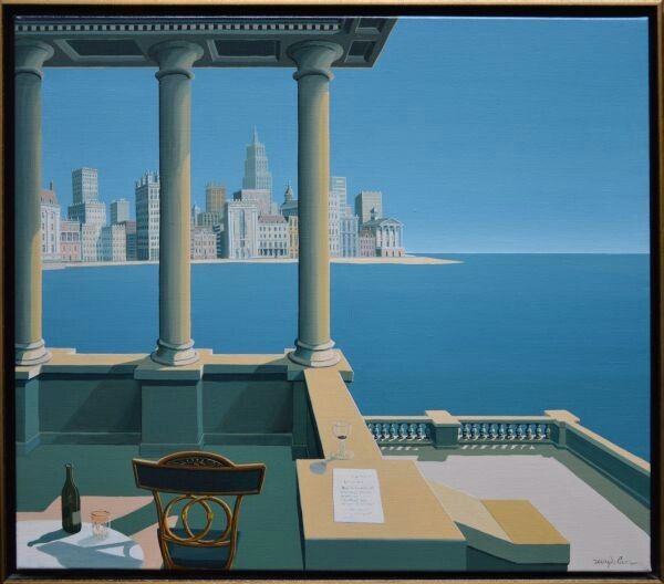 an image of a painting of a city by the water with columns and chairs on it