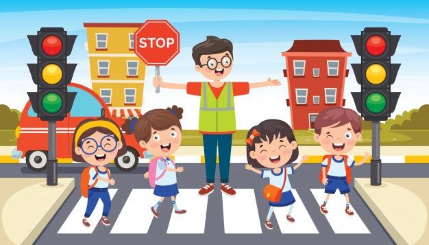 a group of children crossing the street in front of a stop sign and traffic lights