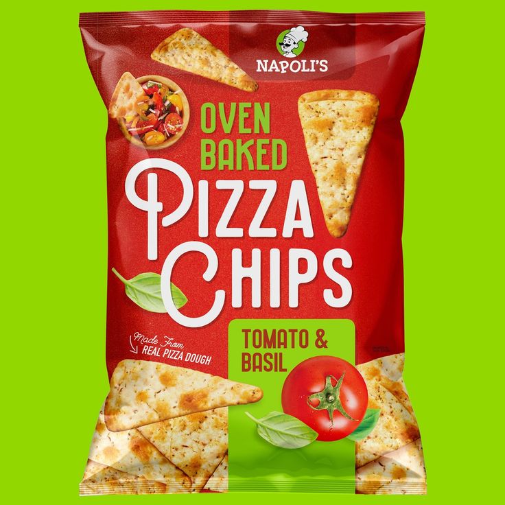 a bag of oven baked pizza chips with tomatoes and basil on the side against a green background