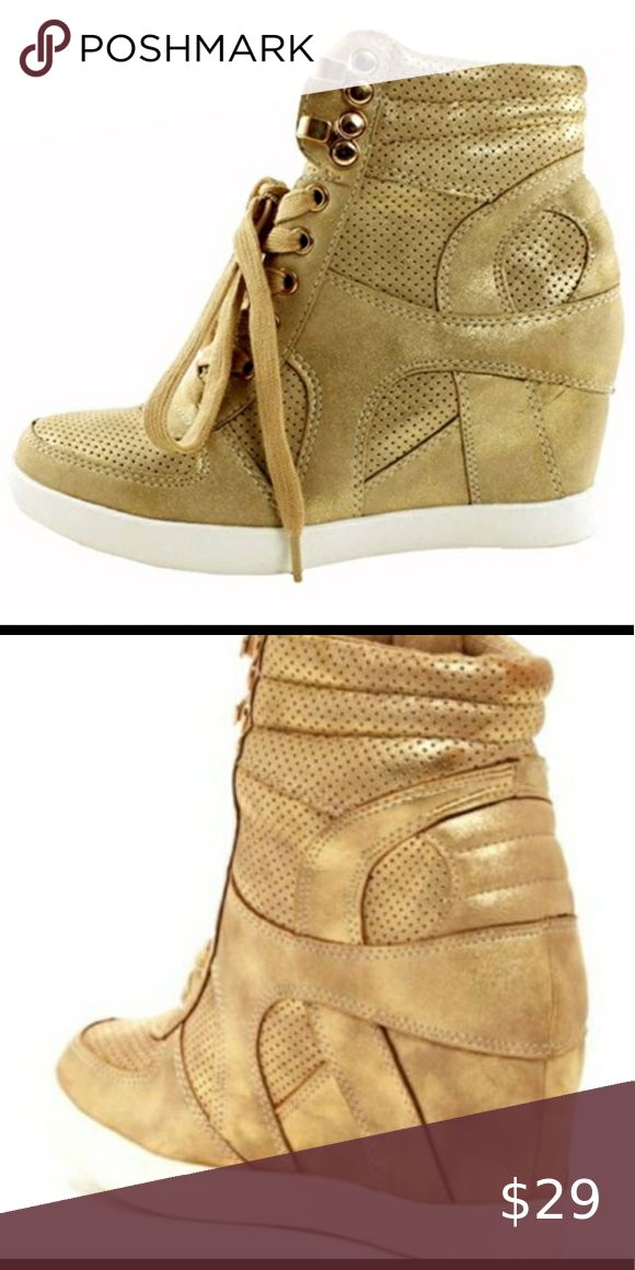 Gold High Top Sneakers High Top Tennis Shoes, Gold Shimmer, Wedge Sneaker, Sneaker Shopping, Tennis Shoes, High Top, Pink And Gold, Top Sneakers, High Top Sneakers