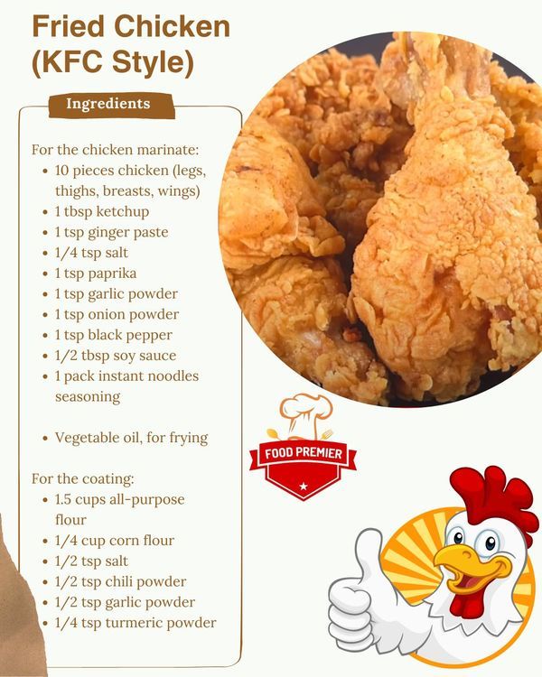 fried chicken kfc style recipe with instructions on the front and back side, in white background