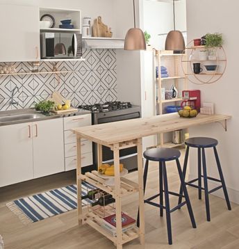 a kitchen with two stools and a table in it