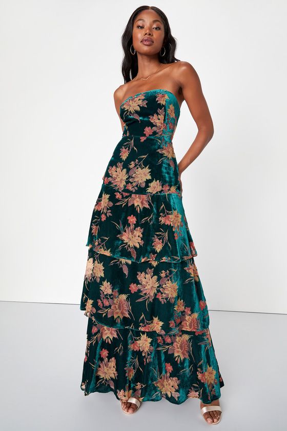 Real Allure Emerald Floral Burnout Velvet Strapless Maxi Dress Formal Wedding Guests, Winter Wedding Guests, Fall Wedding Guest, Green Velvet Dress, Fall Wedding Guest Dress, Burnout Velvet, Guest Attire, Wedding Attire Guest, Bridal Party Dresses