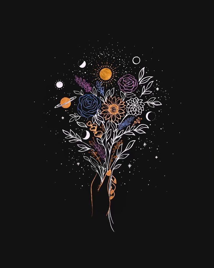 a bouquet of flowers on a black background with stars and moon in the night sky