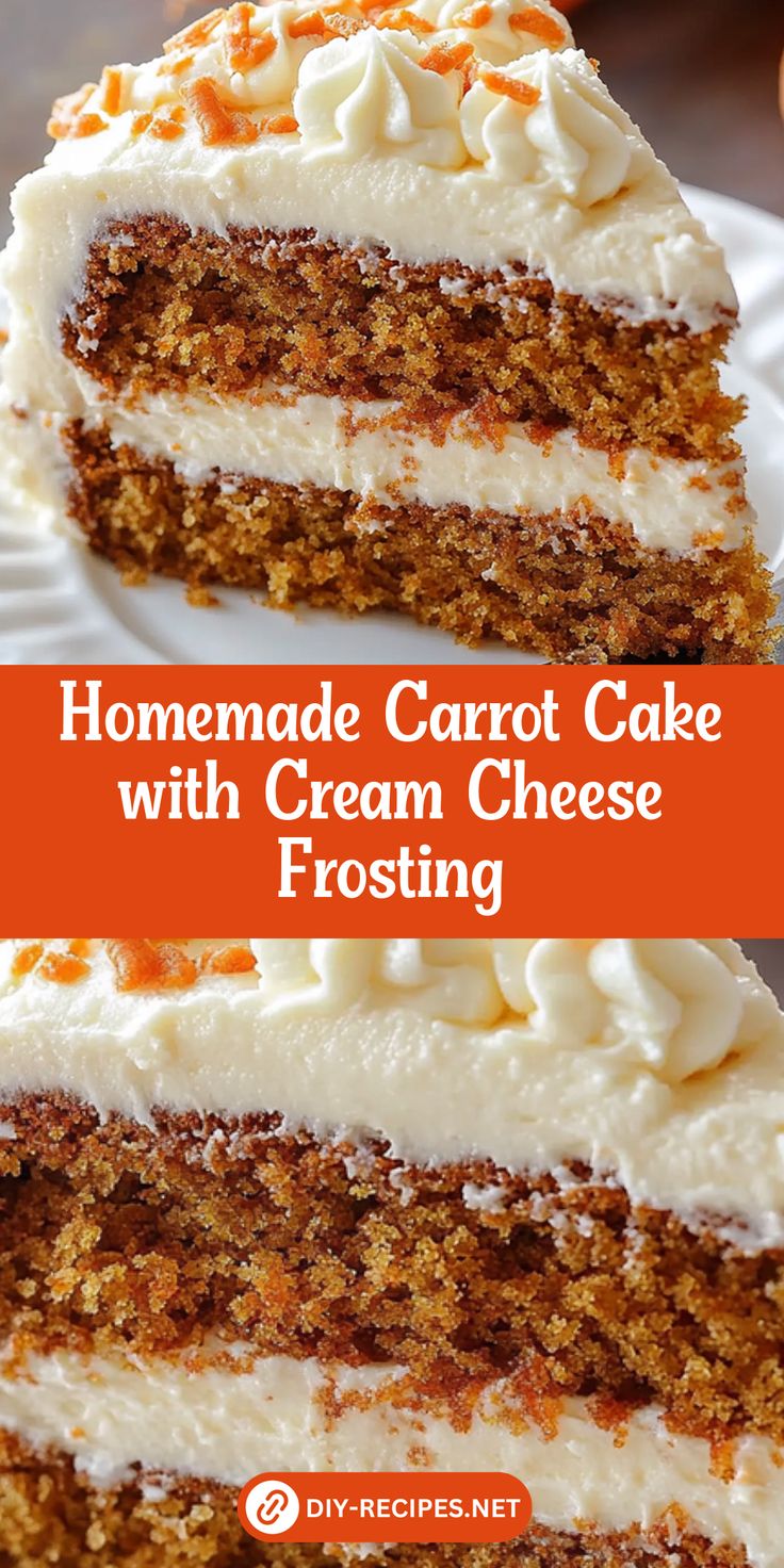 homemade carrot cake with cream cheese frosting is on a white plate and has the words, homemade carrot cake with cream cheese frosting