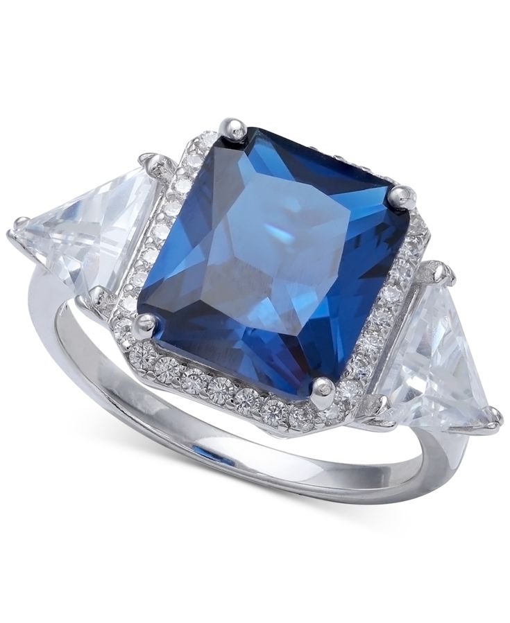 Be boldly blue with this stunning cubic zirconia statement ring with gorgeous trillion-cut accent stones. Luxury Royal Blue Rings For Formal Occasions, Luxury Silver Ring With Blue Topaz, Formal Blue Rings With Large Stone, Luxury Blue Cubic Zirconia Ring, Blue Cubic Zirconia Crystal Ring With Center Stone, Blue Statement Ring, Macys Jewelry, Fancy Rings, Ring Ideas