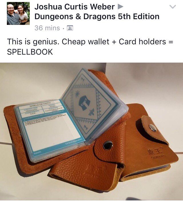 an image of a cell phone and wallet on the screen with text that reads, joshua curtis webb dragon's 5th edition this is genius chap wallet + card holders = spellbook