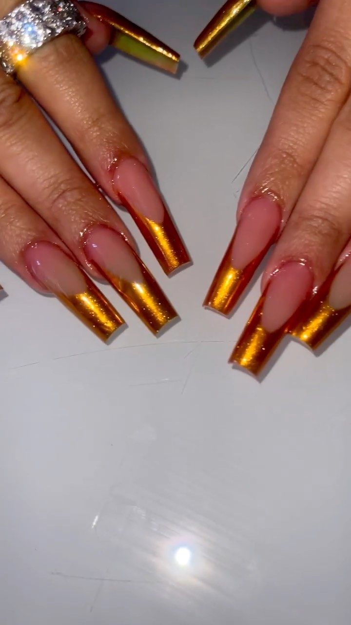 Orange Chrome Tips, Orange And Gold Nails Acrylic, Copper French Tip Nails, Orange Chrome French Tip Nails, Burnt Orange Chrome Nails, Orange Chrome Nails Designs, Chrome Orange Nails, Orange Nails Long, Orange Gold Nails