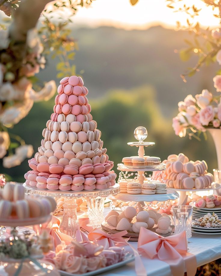 a table topped with lots of pink and white desserts on top of it's sides