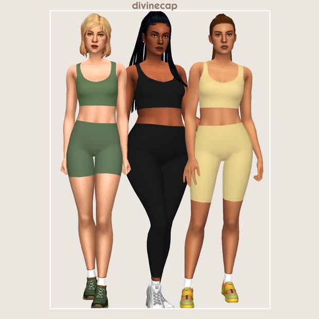 three different types of women wearing sports bra tops and shorts, all in various colors