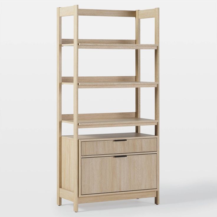 a bookcase with drawers and shelves on top of each shelf, against a white background