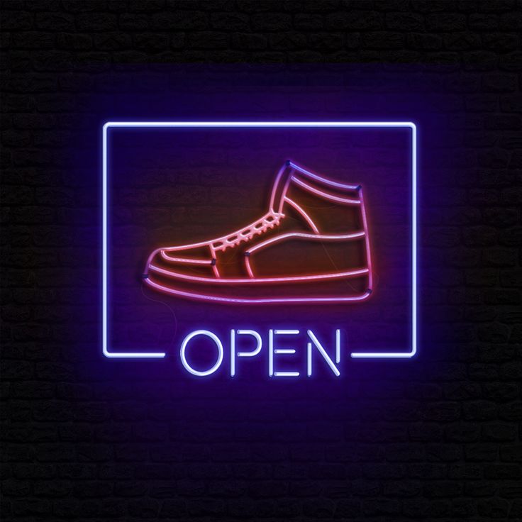 Neon open sign picturing a sneaker shoe Royal Enfield Wallpapers, Open Sign, Neon Flex, Online Logo Design, Open Signs, Flyer And Poster Design, Online Logo, Neon Art, Royal Enfield