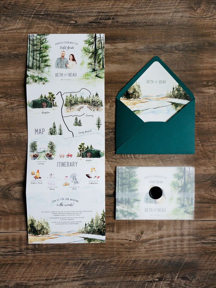 the wedding stationery is laid out on a wooden table