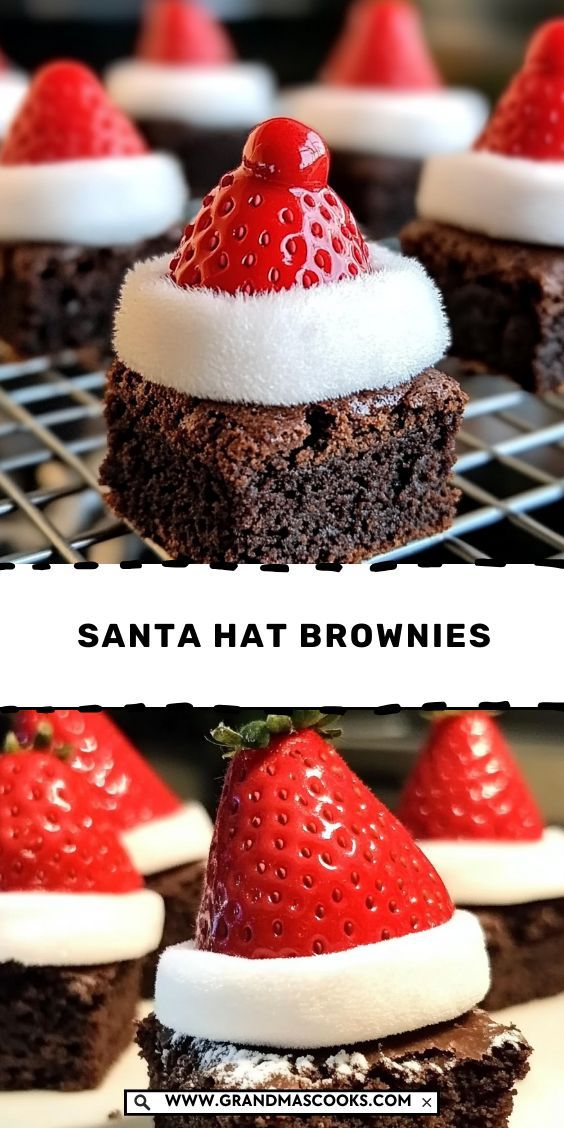 These adorable Santa Hat Brownies are a fun and easy way to sweeten up your holiday season! Perfect for parties, kids, and dessert tables. Santa Brownies Strawberries, Santa Hat Brownies Strawberries, Brownie Strawberry Santa Hats, Brownie Christmas Trees And Santa Hats, Brownie Santa Hats Strawberries, Mini Christmas Brownies, Christmas Party Deserts Ideas, Christmas Baking Brownies, Brownies With Strawberries On Top