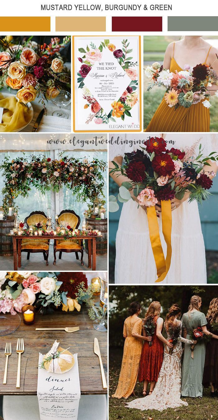 wedding color palettes for the bride and groom, including yellow, burgundy, green