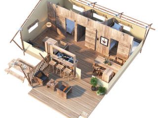 an aerial view of a house with decking and outdoor furniture on the ground level