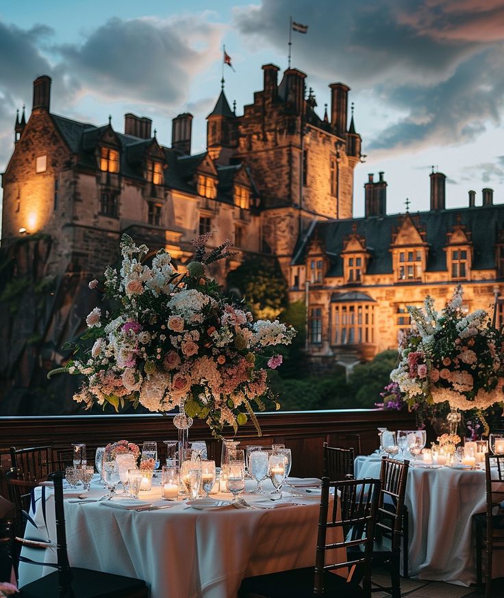 the table is set with flowers and candles on it for an elegant dinner in front of a castle