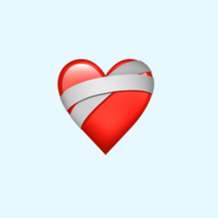 a red and white heart with a ribbon on it's side, against a light blue background