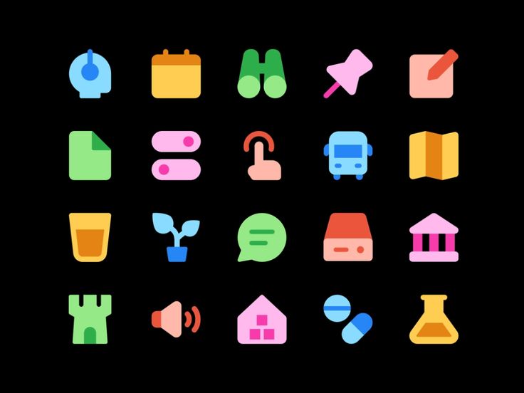 a set of different colored icons on a black background, including various objects and shapes