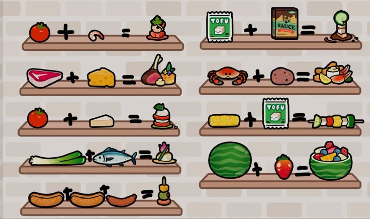 the shelves are filled with different types of food on them, including fruits and vegetables