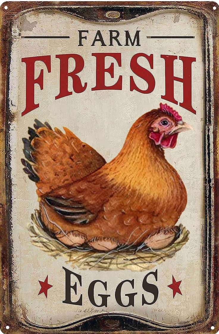 an old fashioned farm fresh eggs sign with a chicken on it's back side