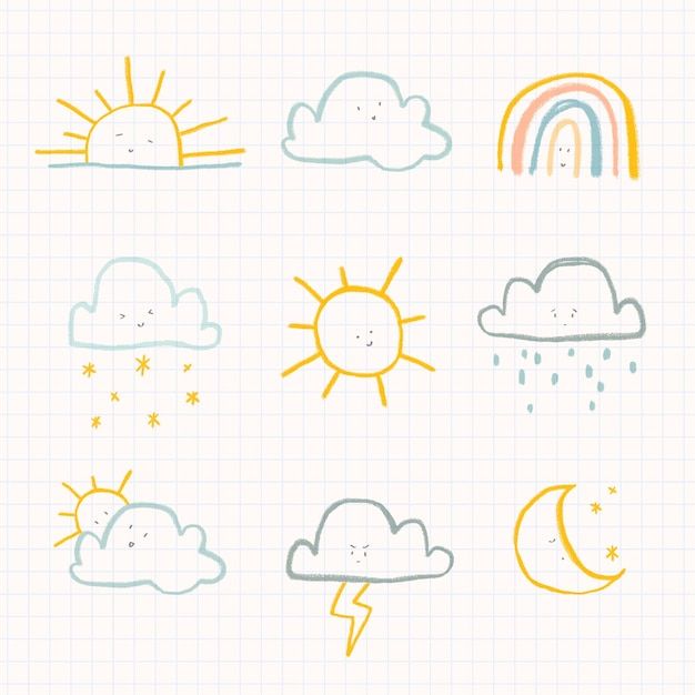 the weather icons are drawn on lined paper