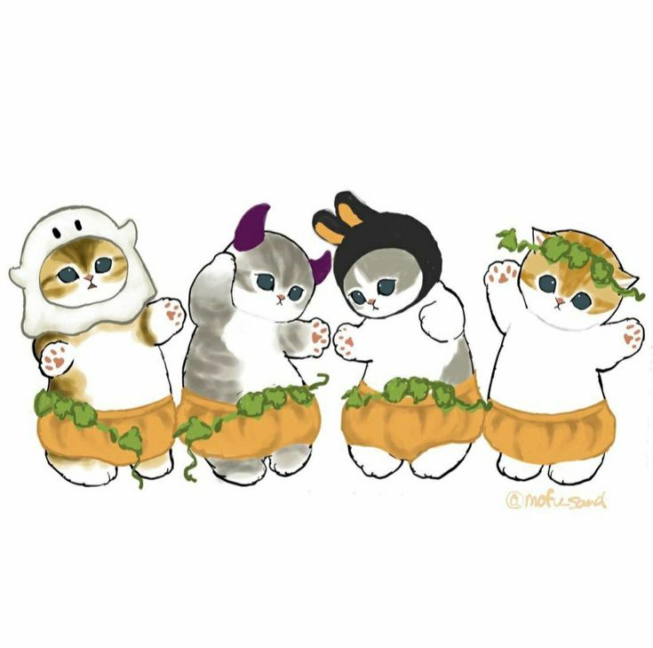 three cats are dressed in costumes and one cat is wearing a costume with leaves on it