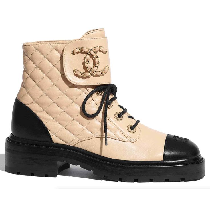 Chanel 20a Black Beige Quilted Cc Chain Combat Lace Up Tie Ankle Short Boots 40.5 ********** Chanel ********** Brand: Chanel Size: 40.5 (Know Your Chanel Size) Name: Chain Around Color: Beige &; Black Style: Combat Boots Style: 20a Style#: G36424 X51906 C0204 Material: Lambskin / Calfskin Cc Cap Toe Logo Cc Large Gold Chain Around Logo Quilted Pattern Lace Up Tie Front Black / Beige Lambskin &; Calfskin Leather Material Stacked Back Heel Brand New In Box, Comes With Box And Dust Bag 100% Authent Style Combat Boots, Quilted Shoes, Combat Boots Style, Chanel Boots, Brown Knee High Boots, Chanel Brand, Lace Up Combat Boots, Chanel Black, Black Laces