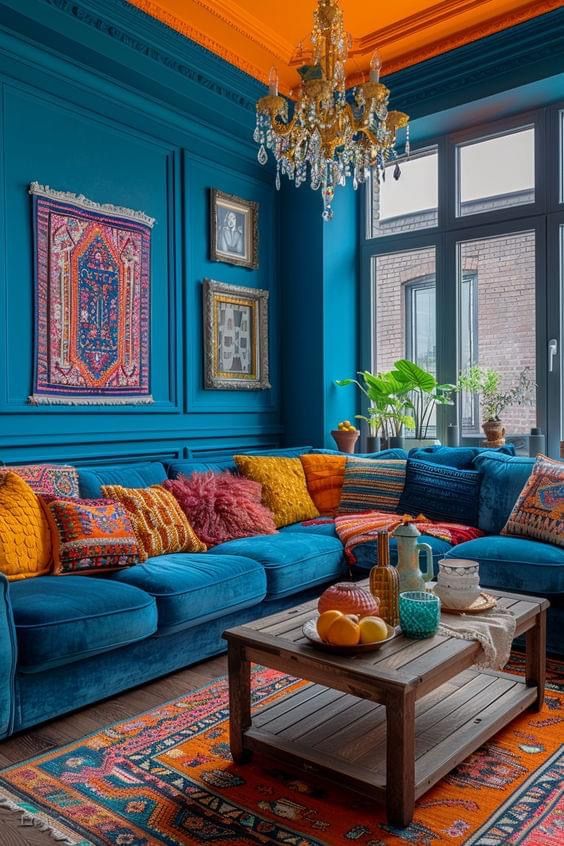 a living room with blue walls, orange and yellow pillows and rugs on the floor